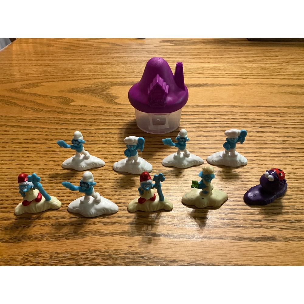 2017 Peyo Smurfs McDonalds PVC 9pc Mushroom House Papa Smurf Smurfette Brainey